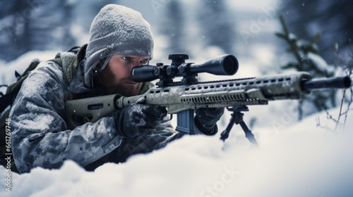 Soldier aiming his sniper rifle in the cold winter snow during a battle