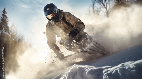 Snowboarder riding the soft powder on a mountainside with goggles, jacket, gloves, and snowboarding gear