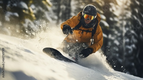 Fotografiet Snowboarder riding the soft powder on a mountainside with goggles, jacket, glove