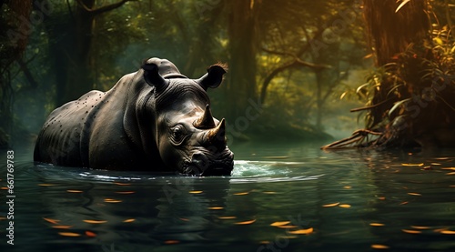 rhinoceros swimming in the lake in the jungle, animal concept © PixStudio