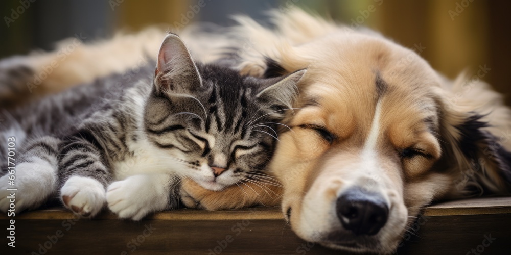 Kitty cat and puppy dog napping together asleep