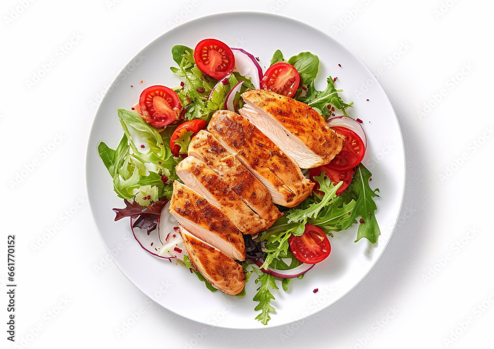 Plate with grilled chicken fillet and fresh vegetables healthy keto lunch on white background.Macro.AI Generative