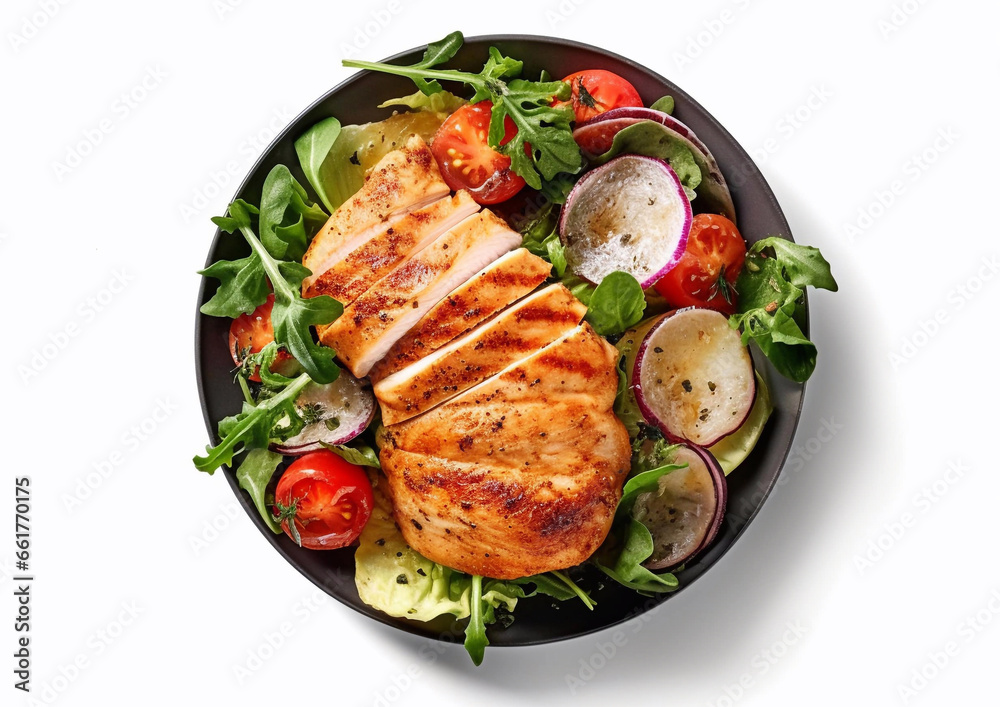 Keto lunch with chicken fillet and fresh salad on white.Top view.AI Generative Keto lunch with chicken fillet and fresh salad on white.Top view.AI Generative