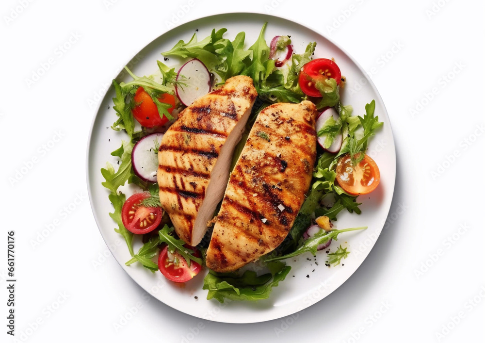 Grilled chicken fillet with fresh vegetables healthy keto lunch on white.Top view.AI Generative Grilled chicken fillet with fresh vegetables healthy keto lunch on white.Top view.AI Generative