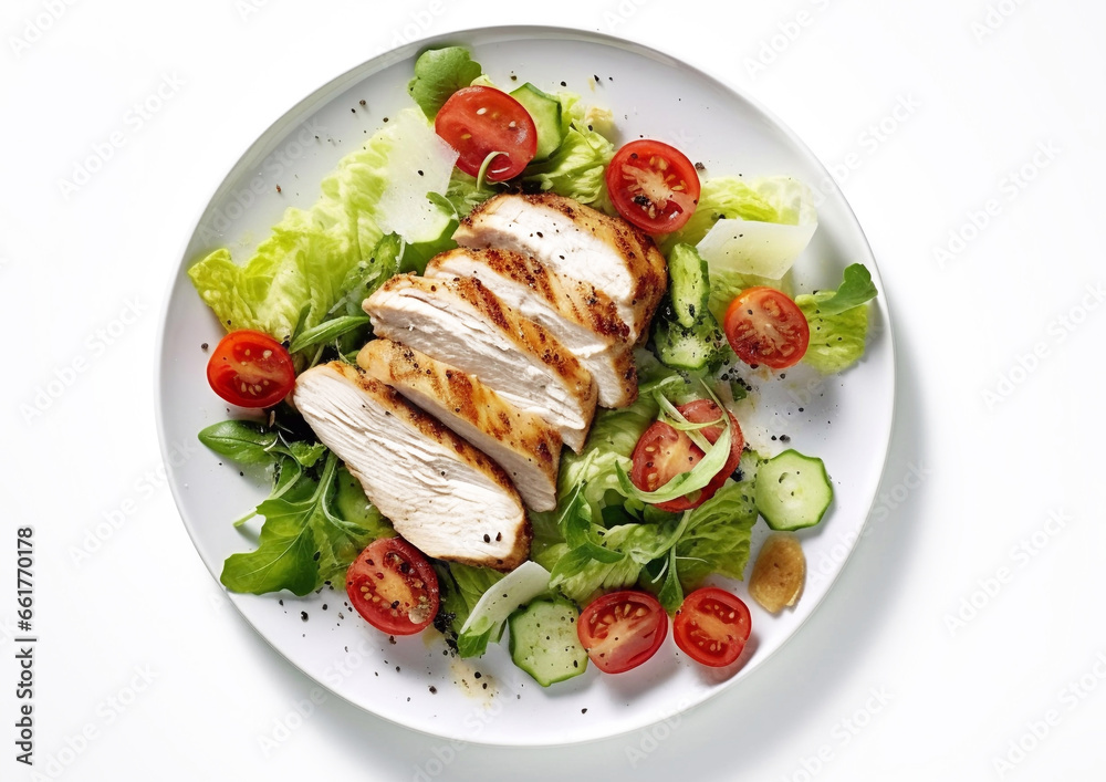 Keto lunch with chicken fillet and fresh salad on white.Top view.AI Generative Keto lunch with chicken fillet and fresh salad on white.Top view.AI Generative