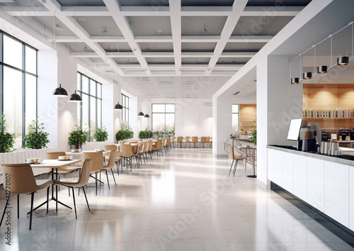 Modern interior office building cafeteria with large windows.Empty.AI Generative