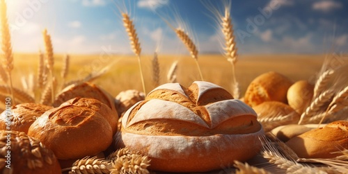 Loaf of freshly baked wheat bread with spica and wheat field background.Macro.AI Generative
