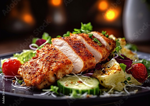 Grilled chicken fillet with fresh vegetables healthy keto lunch on table.Macro.AI Generative
