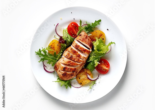 Grilled chicken fillet with fresh vegetables healthy keto lunch on white.Top view.AI Generative