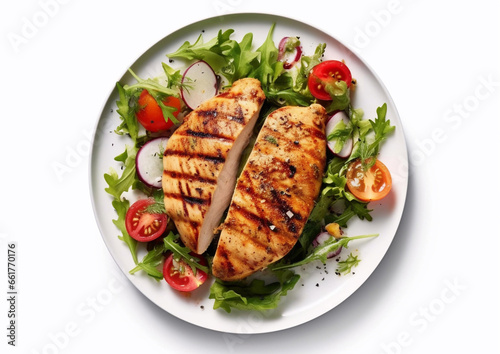 Grilled chicken fillet with fresh vegetables healthy keto lunch on white.Top view.AI Generative