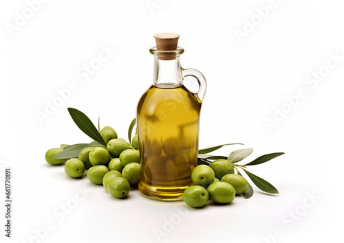 Virgin olive oil in glass bottle with green ripe olives on white background.Macro.AI Generative