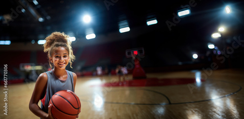 Portrait of an African American 14-15 year old girl with a basketball in her hand in a large basketball hall.