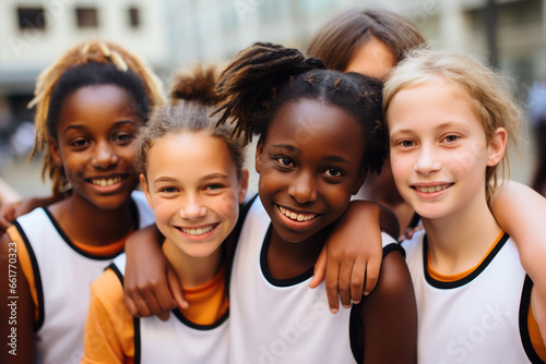 Portrait of a 12-13 year old girls group or team in the same sports uniform. Children's sports concept. photo