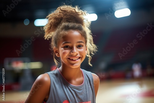 Portrait of a pretty African American 14-15 year old girl in a large sports hall. photo