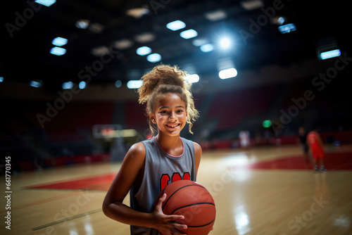 Female basketball player with a ball in the game