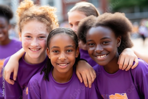 Children's sports concept. Portrait of a 12-13 year old girls team in purple sports uniform.