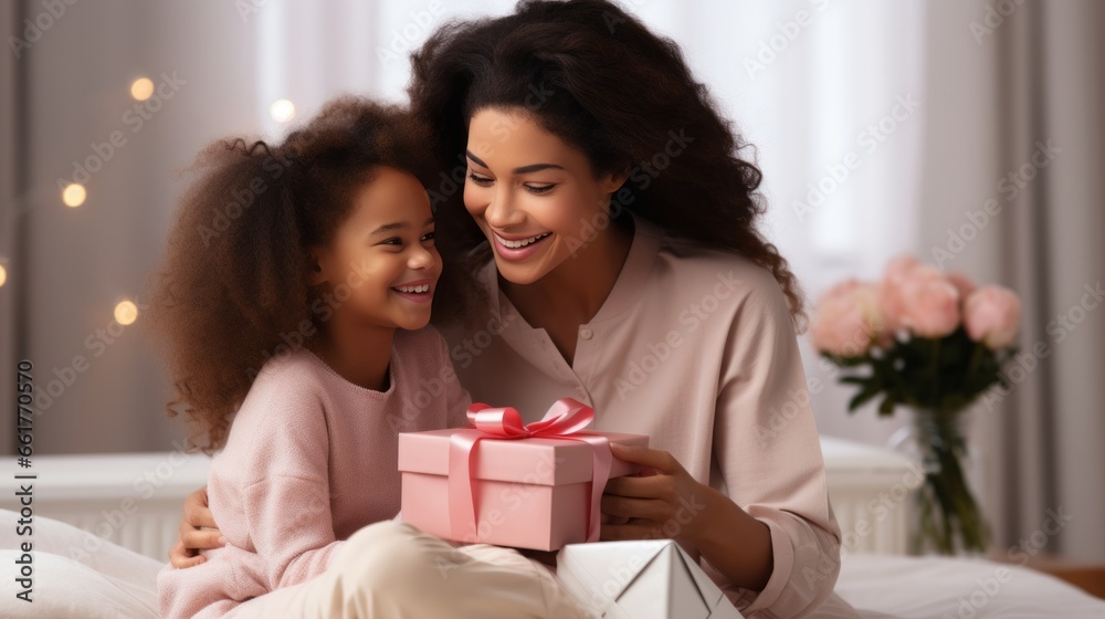 Happy mother's day. african american baby daughter giving gift box to her mom for holiday at home Happy mother's day. african american baby daughter giving gift box to her mom for holiday at home