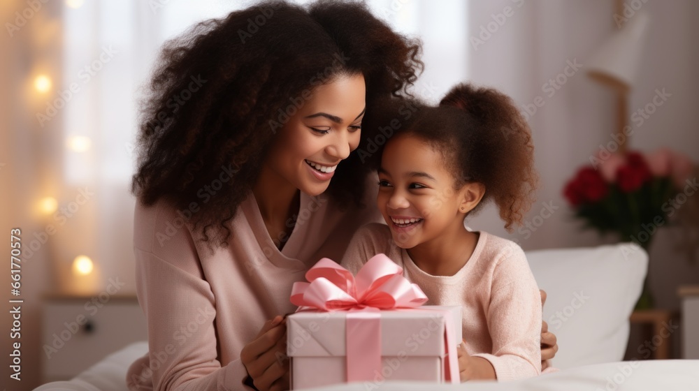 Happy mother's day. african american baby daughter giving gift box to her mom for holiday at home Happy mother's day. african american baby daughter giving gift box to her mom for holiday at home