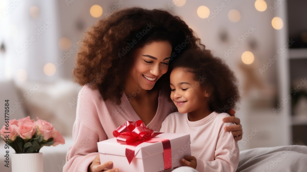 Happy mother's day. african american baby daughter giving gift box to her mom for holiday at home Happy mother's day. african american baby daughter giving gift box to her mom for holiday at home