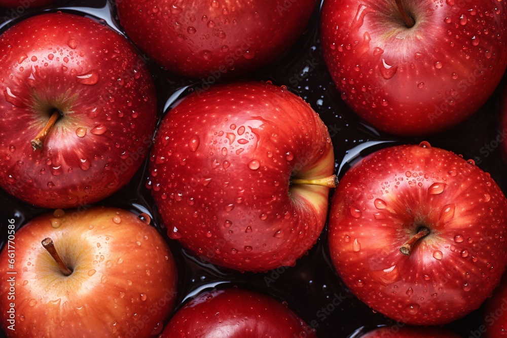 Fresh red apples with water drops, top view. Space for text. Fresh red apples as background, top view. Healthy dieting concept Fresh red apples with water drops, top view. Space for text. Fresh red apples as background, top view. Healthy dieting concept