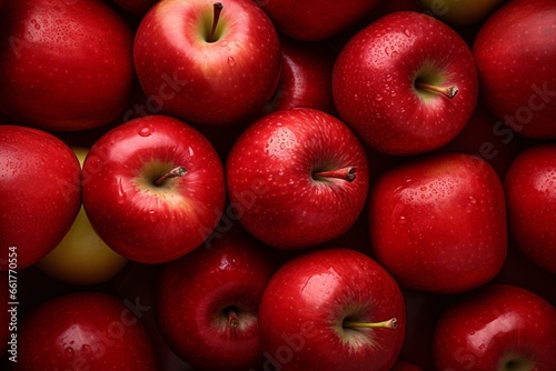 Fresh red apples with water drops, top view. Space for text. Fresh red apples as background, top view. Healthy dieting concept