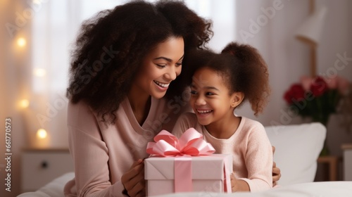 Happy mother's day. african american baby daughter giving gift box to her mom for holiday at home