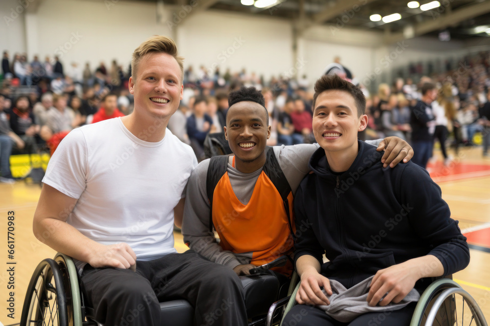 Three disabled sports friends sit in wheelchairs and pose for a photo in the basketball hall, disabled sports concept. Three disabled sports friends sit in wheelchairs and pose for a photo in the basketball hall, disabled sports concept.