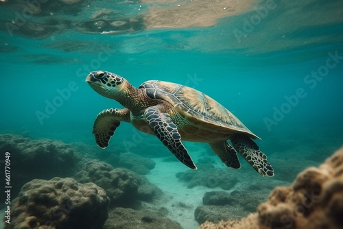 Beautiful sea turtle with a calm presence, timeless aura, enigmatic nature, tranquility during mid-morning. Generative AI