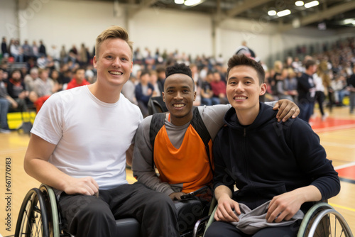 Three disabled sports friends sit in wheelchairs and pose for a photo in the basketball hall, disabled sports concept.