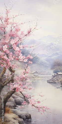 landscape with pink blossoming flowers and mountain in the background