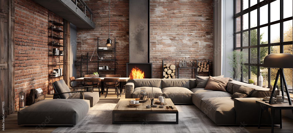 Very Industrial Living Room With A Large Brick Wall And Large Windows Background. Industrial Urban Chic Living Room with Exposed Brick, Contemporary Loft, Large Windows, and Rustic Home Decor