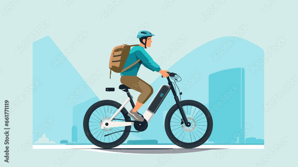 copy space, flat 2D vector illustration, a person riding on an e-bike. Alternative eco friendly transportation. Zero emission. Clean and sustainable transportation. copy space, flat 2D vector illustration, a person riding on an e-bike. Alternative eco friendly transportation. Zero emission. Clean and sustainable transportation.