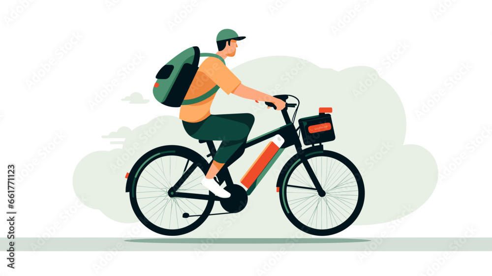 copy space, flat 2D vector illustration, a person riding on an e-bike. Alternative eco friendly transportation. Zero emission. Clean and sustainable transportation. copy space, flat 2D vector illustration, a person riding on an e-bike. Alternative eco friendly transportation. Zero emission. Clean and sustainable transportation.