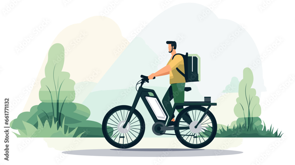 copy space, flat 2D vector illustration, a person riding on an e-bike. Alternative eco friendly transportation. Zero emission. Clean and sustainable transportation.