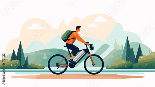 copy space, flat 2D vector illustration, a person riding on an e-bike. Alternative eco friendly transportation. Zero emission. Clean and sustainable transportation.