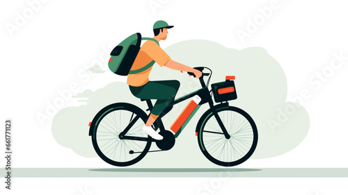 copy space, flat 2D vector illustration, a person riding on an e-bike. Alternative eco friendly transportation. Zero emission. Clean and sustainable transportation.