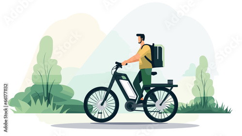 copy space, flat 2D vector illustration, a person riding on an e-bike. Alternative eco friendly transportation. Zero emission. Clean and sustainable transportation.