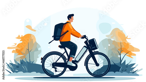 copy space, flat 2D vector illustration, a person riding on an e-bike. Alternative eco friendly transportation. Zero emission. Clean and sustainable transportation.