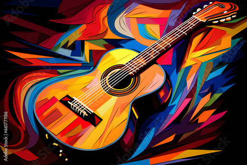 synthetism art of guitar, vibrant color, Abstract art