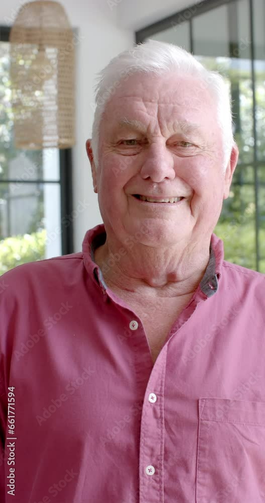 Vertical video of portrait of happy senior caucasian man smiling at home, slow motion Vertical video of portrait of happy senior caucasian man smiling at home, slow motion