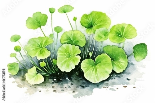 Image of gotu kola plant leaves on white background. Watercolor illustration. Generative AI
