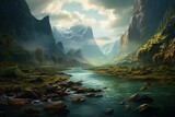 Scenic river amidst mountains. Generative AI