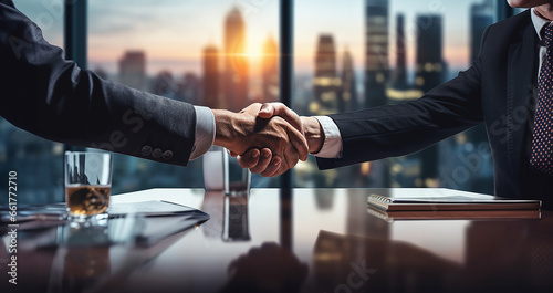Partnership, agreement. Businessmen shaking hands. Business job interview, meeting, dealmaking at an office, negotiation, investor success, partnership, teamwork, financial connection concept. 