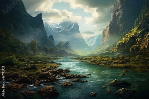 Scenic river amidst mountains. Generative AI