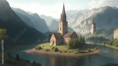 old church in the summer panorama with mountain and lake