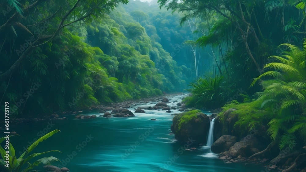 stunning tropical forest with river and trees