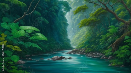 beautiful rainforest panorama with pond  generative Ai art