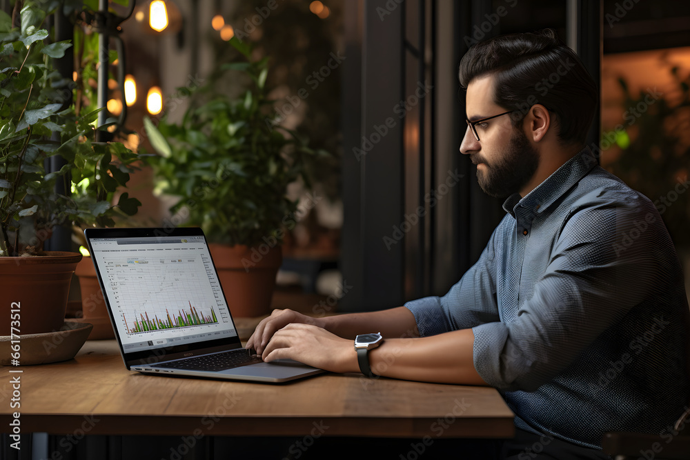 Man sitting with laptop and working with growing Man sitting with laptop and working with growing