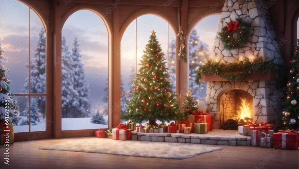 Interior christmas,gifts,fireplace,magic tress in nature view.