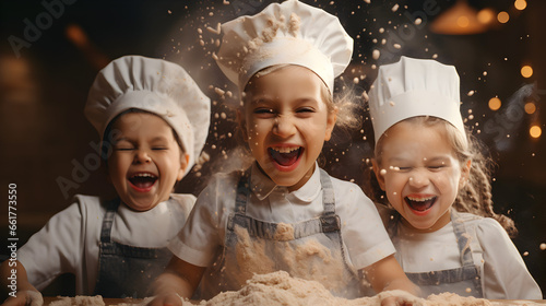 Tree kids, girl and a boy are making pastry with hands covered with flour. in the kitchen. Wearing chef hat, smiling and having fun photo
